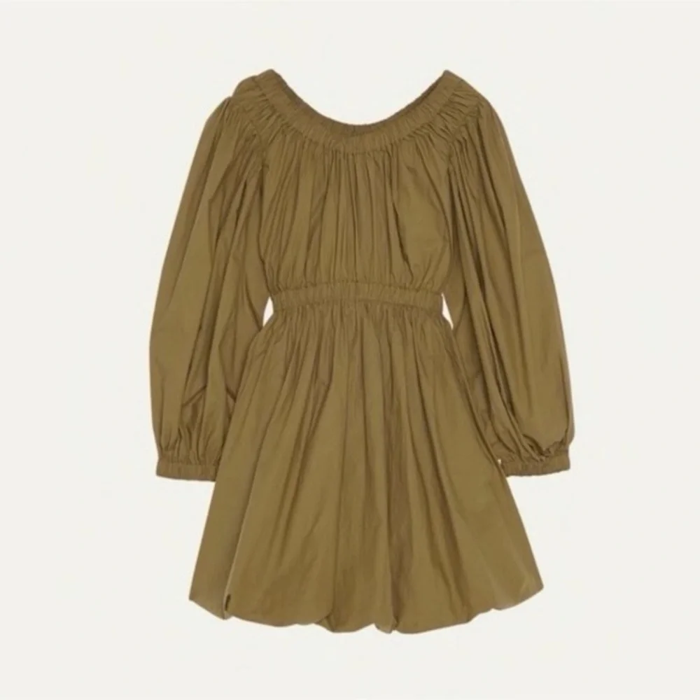 ULLA JOHNSON Martine Bubble Minidress 
Off-Shoulder Olive Green Dress - Picture 2 of 6